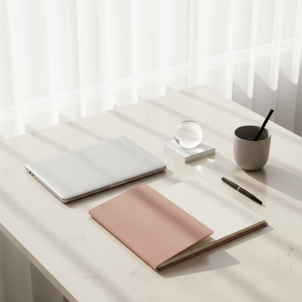 A refined workspace vignette featuring a slim silver laptop closed beside a blush-pink suede folio, a delicate clear glass paperweight, and a muted gray ceramic cup. Everything rests atop a cream-colored stone tabletop with subtle marbling. Soft afternoon light pours through sheer curtains, illuminating the scene with a silky, even glow and subtle shadows under the objects. Captured from an overhead, slightly angled viewpoint, the minimalist composition spotlights sophisticated materials and purposeful order—an aesthetic poised for female entrepreneurs embracing creativity and poise.