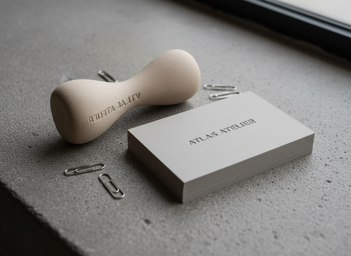 A graceful close-up of a textured, sand-toned ceramic branding stamp, its handle elegantly sculpted and resting beside a stack of muted business cards with debossed type. Set atop a stone-gray concrete surface with minimal, scattered paperclips in brushed metal. Overcast daylight filters in from the side, casting understated highlights on the card edges and embossing. The atmosphere is purposeful yet tranquil, with a clean, uncluttered composition centered on the tools of branding. Photographic realism with a minimalist, sophisticated style supports the narrative of creative entrepreneurship.