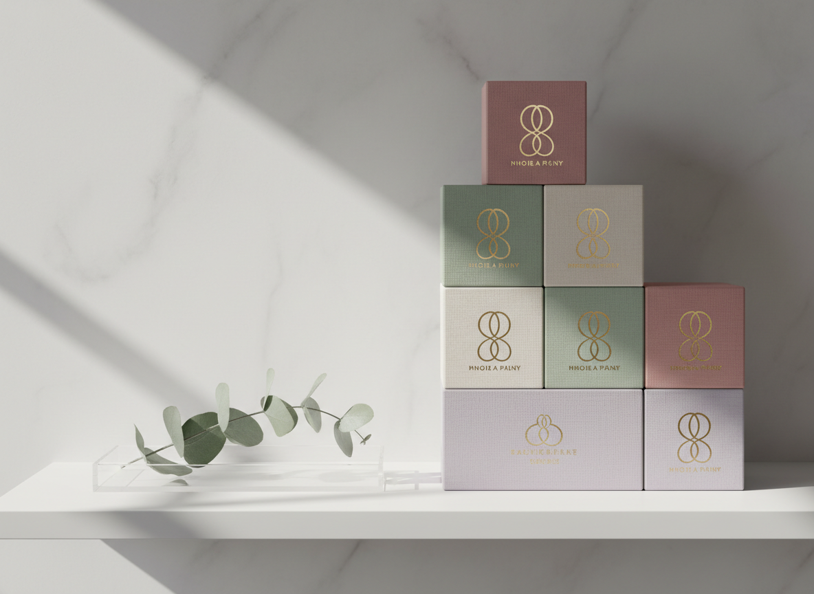An arrangement of muted pastel product boxes with fine linen textures and gold foil logos, stacked precisely against a subtly marbled pale backdrop. The image is set on an elegant minimal shelf, with a translucent acrylic tray and a single sprig of eucalyptus for organic contrast. Shot in soft, natural window light that creates delicate gradients across the package surfaces, gentle shadows, and refined highlights. Framed for asymmetrical balance at eye-level, this image feels serene and thoughtfully designed, channeling the confident, sophisticated energy associated with bold branding photography.