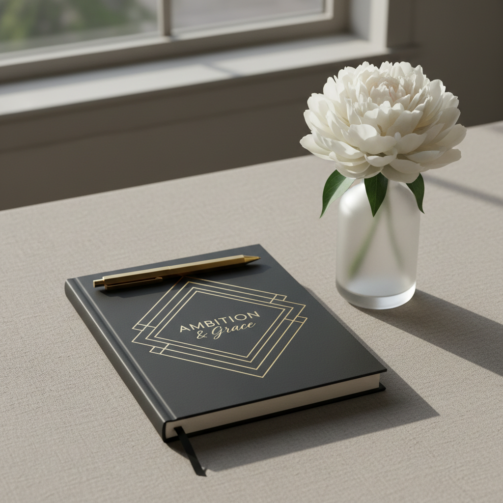 A carefully curated collection of elegant business accessories—matte black notebook with embossed gold details, frosted glass vase with a single white peony, and a brushed brass pen—arranged on a pale taupe linen desktop. The scene is set near a large window where diffused morning light softly illuminates the objects, creating subtle gradients and gentle shadows. The composition uses a shallow depth of field with the notebook in crisp focus, lending an aura of sophistication and calm. Captured from a slightly elevated angle, the minimalist arrangement exudes a refined, modern aesthetic, perfectly reflecting creative brand photography for ambitious female entrepreneurs.