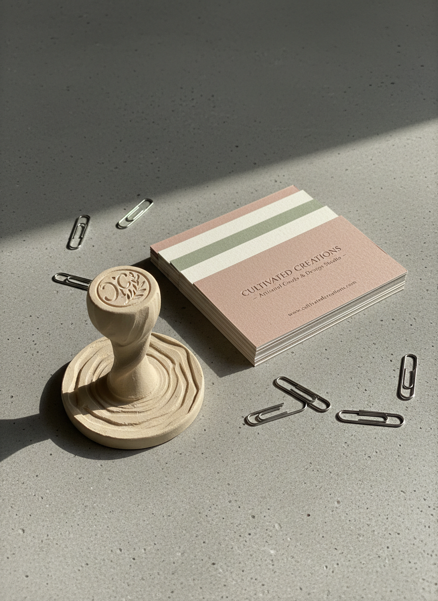 A graceful close-up of a textured, sand-toned ceramic branding stamp, its handle elegantly sculpted and resting beside a stack of muted business cards with debossed type. Set atop a stone-gray concrete surface with minimal, scattered paperclips in brushed metal. Overcast daylight filters in from the side, casting understated highlights on the card edges and embossing. The atmosphere is purposeful yet tranquil, with a clean, uncluttered composition centered on the tools of branding. Photographic realism with a minimalist, sophisticated style supports the narrative of creative entrepreneurship.