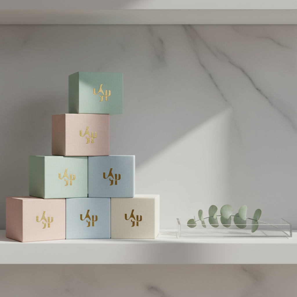 An arrangement of muted pastel product boxes with fine linen textures and gold foil logos, stacked precisely against a subtly marbled pale backdrop. The image is set on an elegant minimal shelf, with a translucent acrylic tray and a single sprig of eucalyptus for organic contrast. Shot in soft, natural window light that creates delicate gradients across the package surfaces, gentle shadows, and refined highlights. Framed for asymmetrical balance at eye-level, this image feels serene and thoughtfully designed, channeling the confident, sophisticated energy associated with bold branding photography.