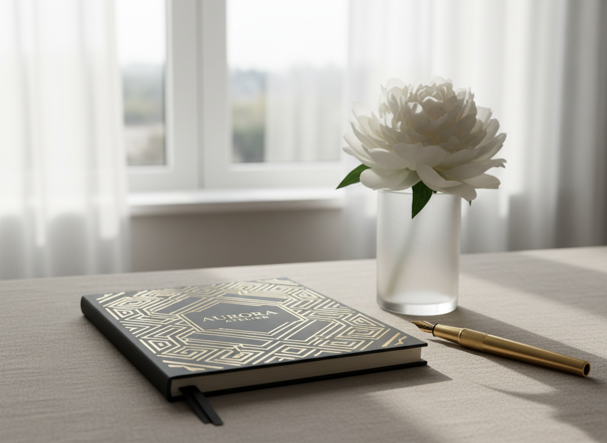 A carefully curated collection of elegant business accessories—matte black notebook with embossed gold details, frosted glass vase with a single white peony, and a brushed brass pen—arranged on a pale taupe linen desktop. The scene is set near a large window where diffused morning light softly illuminates the objects, creating subtle gradients and gentle shadows. The composition uses a shallow depth of field with the notebook in crisp focus, lending an aura of sophistication and calm. Captured from a slightly elevated angle, the minimalist arrangement exudes a refined, modern aesthetic, perfectly reflecting creative brand photography for ambitious female entrepreneurs.