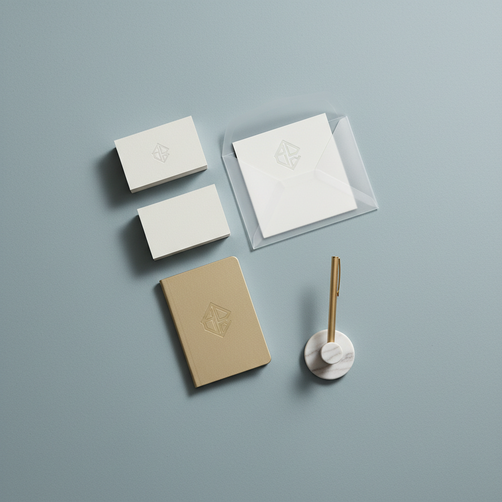 A minimalist flat-lay of elegant branding collaterals: thick, tactile business cards in soft shell white, a frosted glass envelope, and a small, matte-gold embossed notebook. Arranged on a serene, muted blue-gray background with a singular marble pen holder at the corner. Gently diffused daylight from above casts even illumination, highlighting textures while maintaining shadow subtlety. The scene achieves harmony through negative space and rule-of-thirds composition, embodying a sophisticated and refined photographic realism tailored to bold, creative branding.